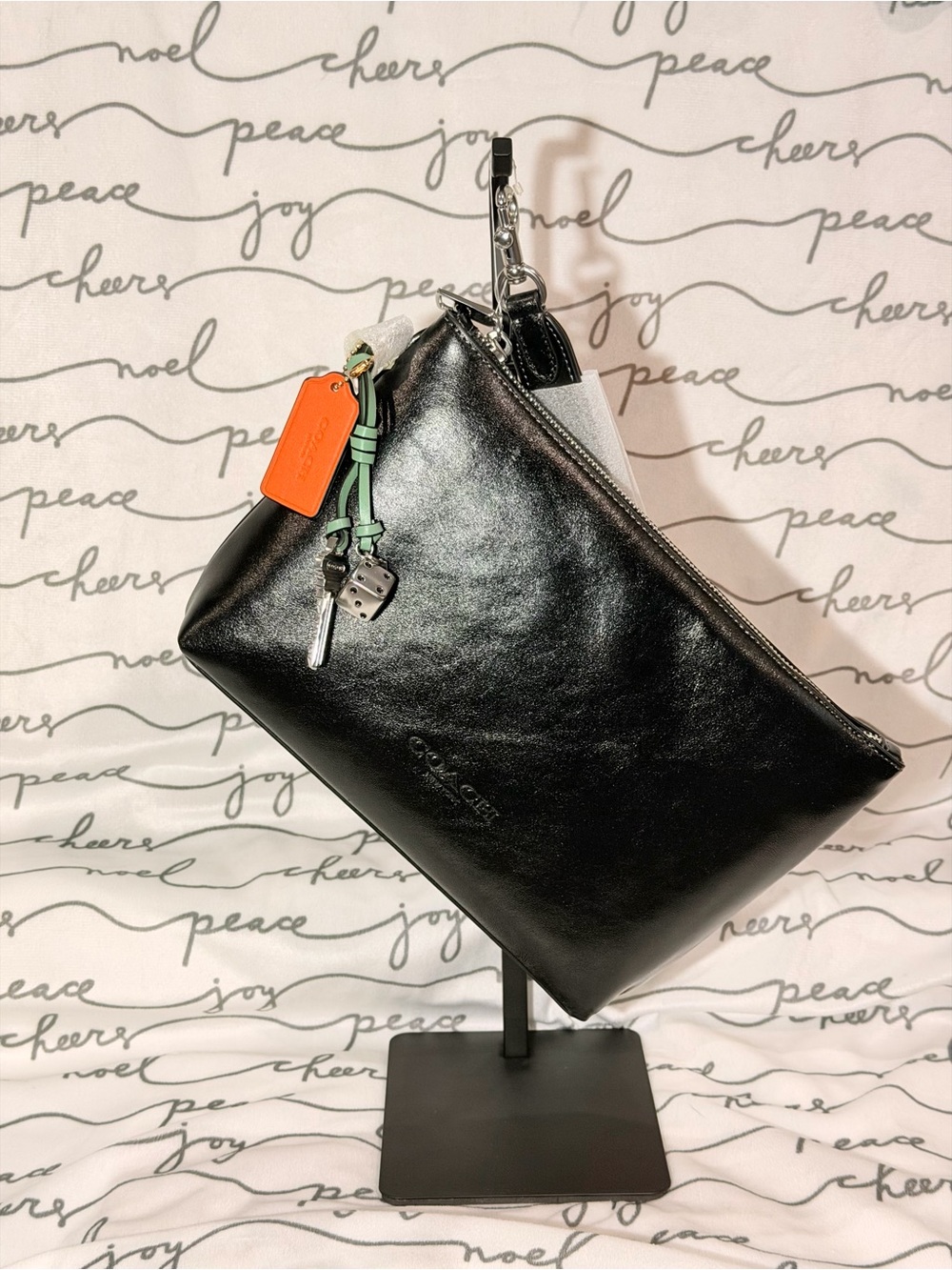 Coach Pouch with charms Silver/Black Shiny smooth leather CEB50 NWT